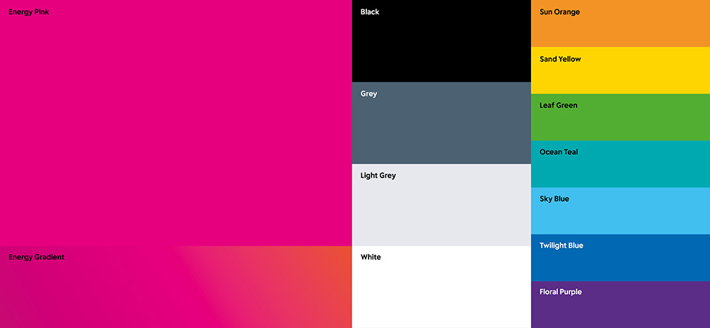 Blocks of Reckitt's new brand colours: energy pink and energy gradient; with secondary colours black, grey, light grey, white, sun orange, sand yellow, leaf green, ocean teal, sky blue, twilight blue and floral purple.